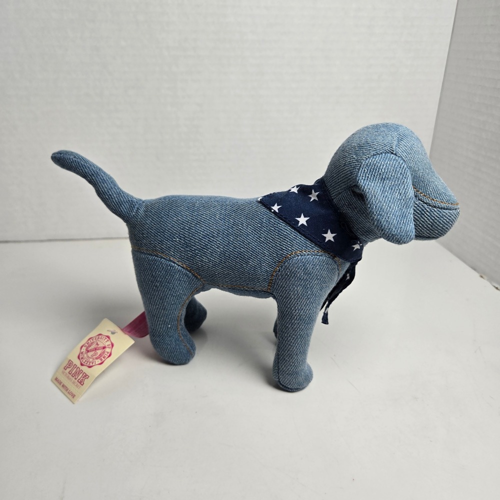 NWT New Rare Victoria's Secret PINK Denim Blue Mini Dog Plush Star Bandana 2008